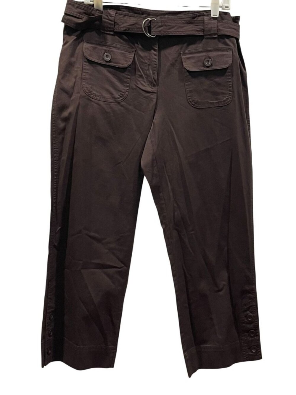 Style & Co Stretch Pants 14 Brown Capri Button Hem Casual Work Capsule Festival